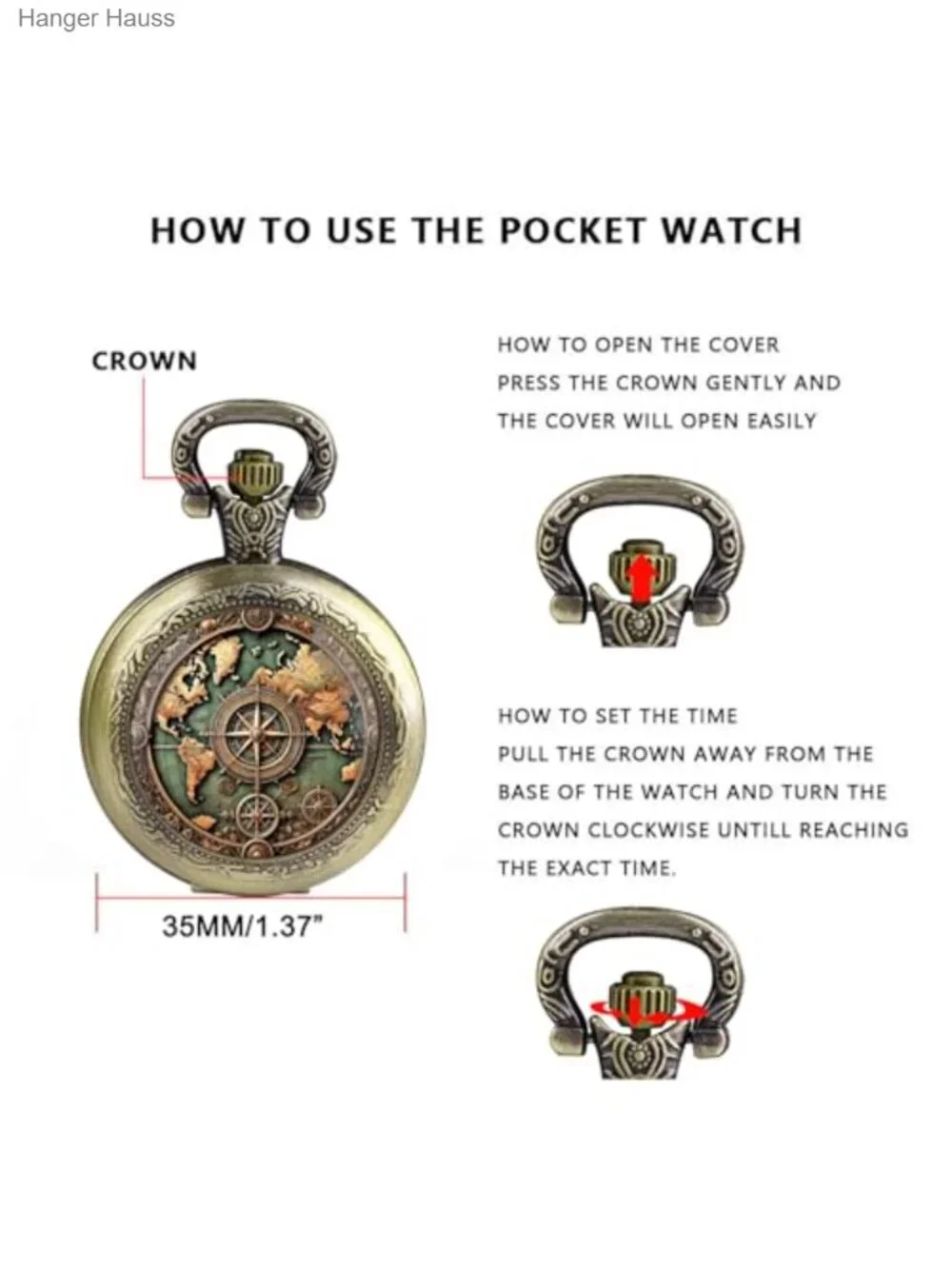 Vintage Graphic Glass Dome Pocket Watch with Chain